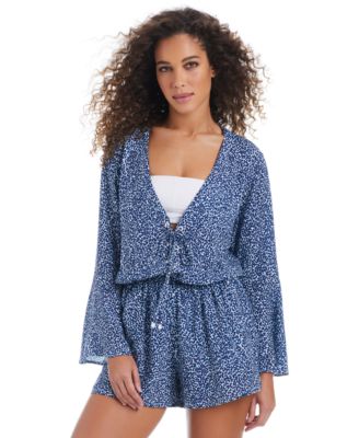 Bar III - Women's On The Prowl Long Sleeve Lace-Up Romper Swim Cover-Up