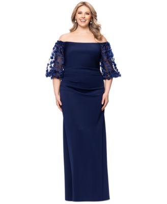 XSCAPE - Plus Size 3D Floral-Sleeve Off-The-Shoulder Dress
