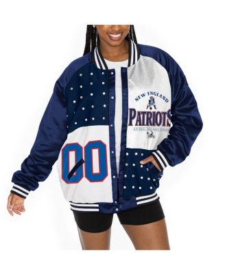 Gameday Couture - Women's  Navy/White New England Patriots Oversized Hot Shot Rhinestone Throwback Full-Snap Varsity Bomber Jacket