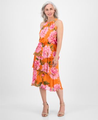 Robbie Bee - Petite Tiered Floral-Print Halter Midi Dress