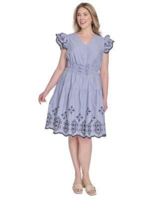 Vince Camuto - Plus Size Flutter-Sleeve Embroidered Cotton Dress