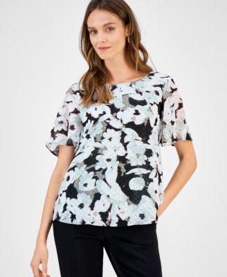 Kasper - Women's Printed Swiss Dot Flutter-Sleeve Blouse