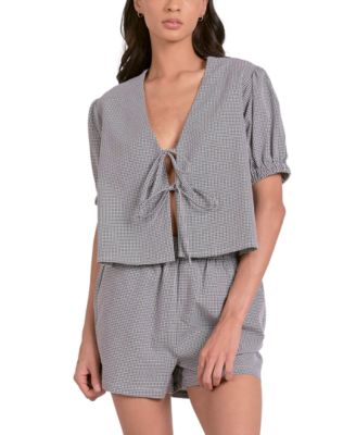 Elan - Women's Seersucker Tie-Front Puff-Sleeve Top