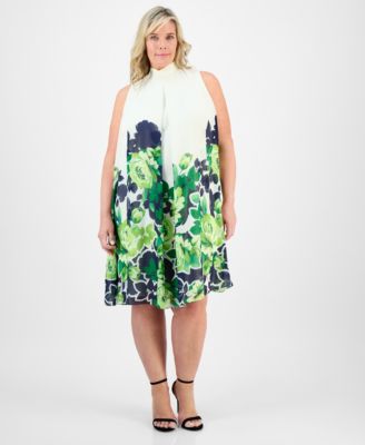 Robbie Bee - Plus Size Placement-Print Mock-Neck Dress