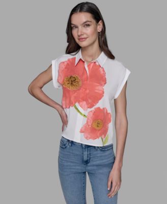 KARL LAGERFELD PARIS - Petite Big Flower Print Button-Front Blouse