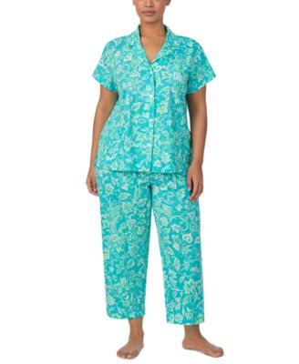Lauren Ralph Lauren - Plus Size Short-Sleeve Notch-Collar Cropped Pajama Set
