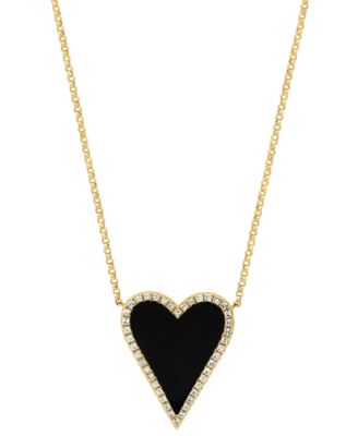 EFFY Collection - Onyx & Diamond (1/5 ct. t.w.) Heart Halo Pendant Necklace in 14k Gold, 16" + 2" extender