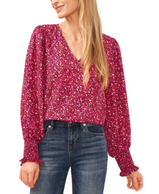CeCe - Women's Printed Long-Sleeve Smocked-Cuff Blouse