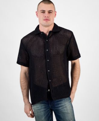 GUESS - Men's Relaxed-Fit Open Mesh-Knit Button-Down Shirt