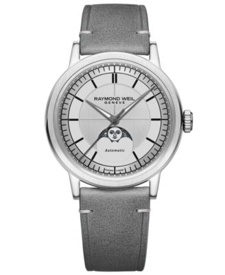Raymond Weil - Men's Swiss Automatic Millesime Moon Phase Gray Leather Strap Watch 40mm