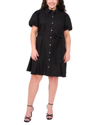 MSK - Plus Size Cotton Puff-Sleeve Belted Shirtdress