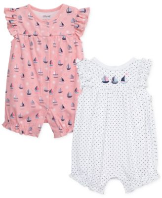 Little Me - Baby Girls Cotton Sailboats Rompers, 2 Pack