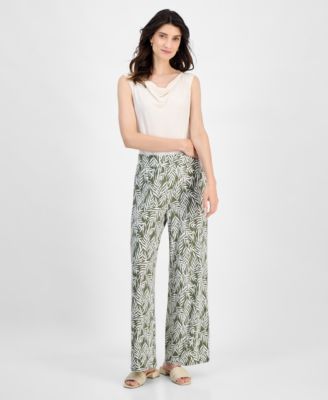 Kasper - Women's Leaf-Print Pull-On Wide Ankle Pants