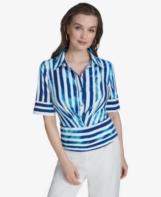 Halston - Women's Striped Collared Button-Front Shirt