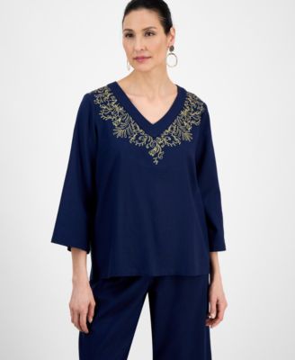 JM Collection - Women's Embroidered-V-Neck 3/4-Sleeve Top