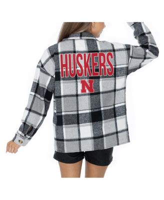 Gameday Couture - Women's Grey Nebraska Huskers Long Sleeve Brushed Plaid Button-Up Overshirt Jacket