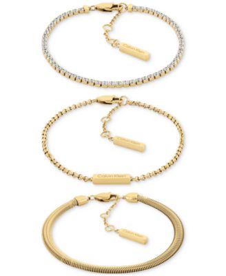 Calvin Klein - Gold-Tone Stainless Steel 3-Pc. Set Crystal Mixed Chain Bracelets