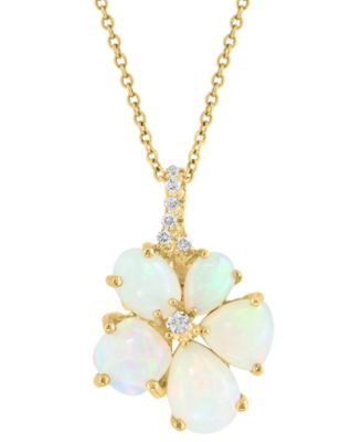 EFFY Collection - Ethiopian Opal & Diamond (1/10 ct. t.w.) Flower Pendant Necklace in 14k Yellow Gold, 17" + 1" extender