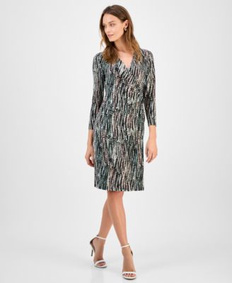 Kasper - Women's Printed Long-Sleeve Faux-Wrap Dress