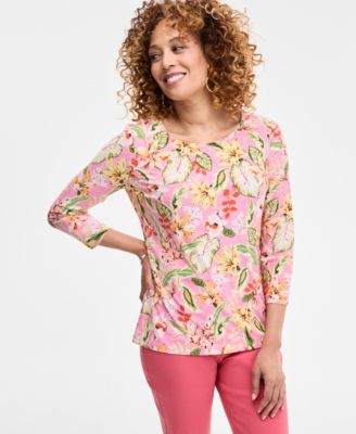 JM Collection - Women's Printed Jacquard 3/4-Sleeve Top, Exclusively at Macy's