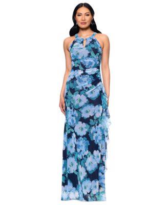 B&A By Betsy and Adam - Women's Printed Mesh Halter-Neck Sleeveless Gown