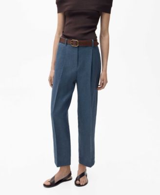 MANGO - Women's Pleated Detail Straight-Fit Linen Pants